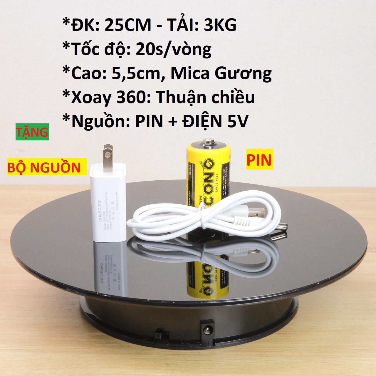Bàn xoay, đế xoay đen bóng 360 dùng pin hoặc điện 5V 25CM, tải: 3KG