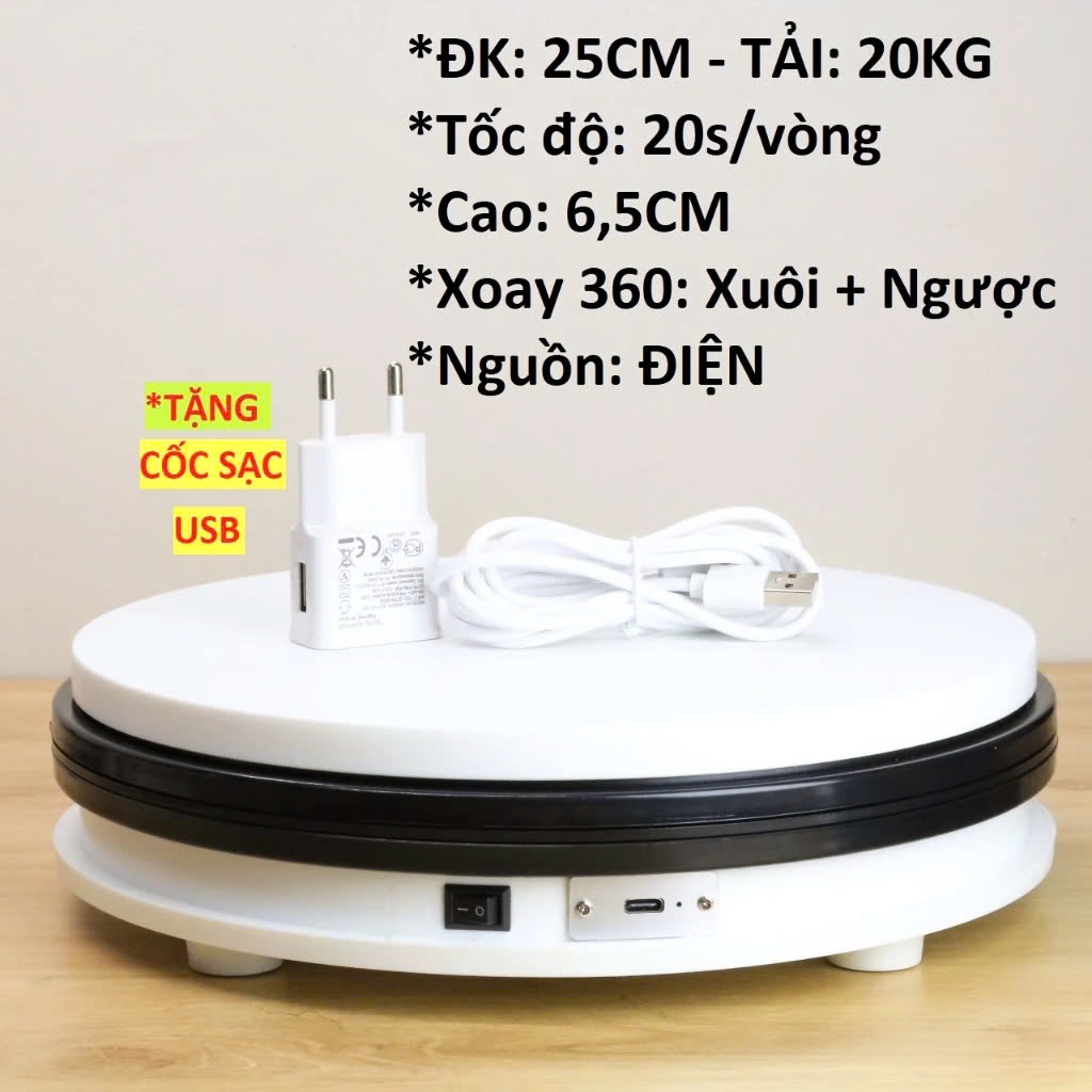 BÀN XOAY, ĐẾ XOAY 25CM, TẢI 20KG DÙNG ĐIỆN 5V