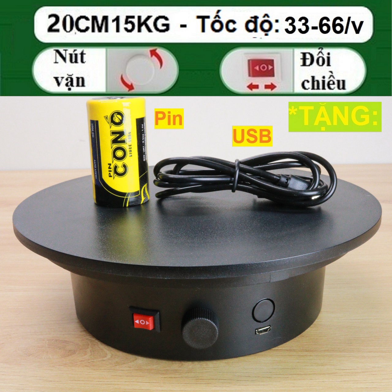 Bàn xoay, đế xoay 360,B 20CM tải 15KG, dùng điện hoặc pin 5V