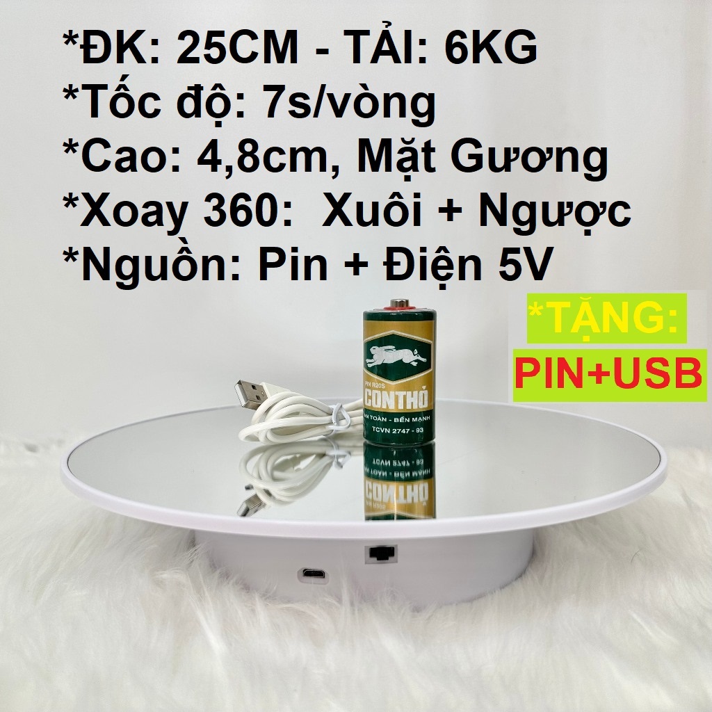 Bàn xoay, đế xoay 360, 25cm, tải 6kg, trắng hoặc đen dùng pin hoặc điện 5V